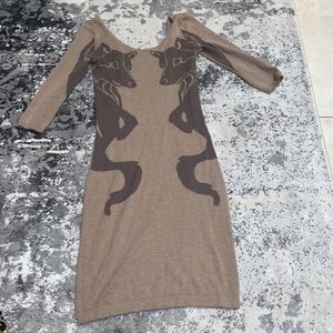Bar III brown quarter sleeve wolf Bodycon sweater dress with elbow patches